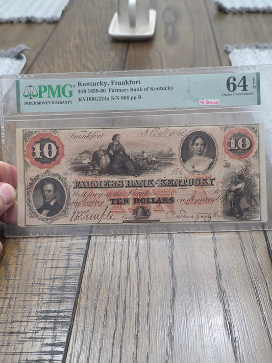 1859-60 $10 Famers Bank Of Kentucky Bank Note Frankfort, Kentucky PMG 64 Choice Uncirculated EPQ