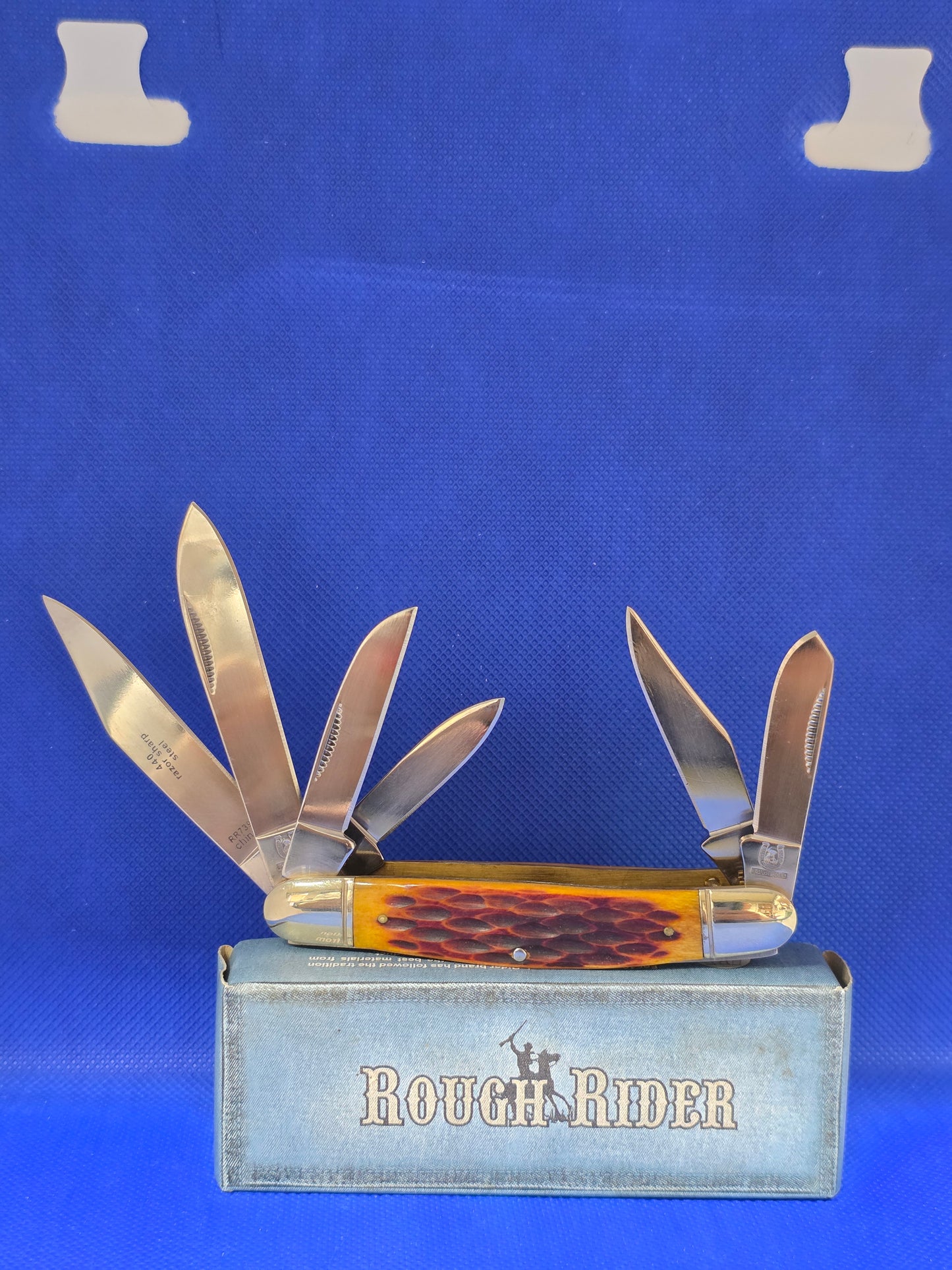 Rough Rider RR739 Amber Bone Stockman 6 Blade 47 Pattern NIB Propeller Shield
