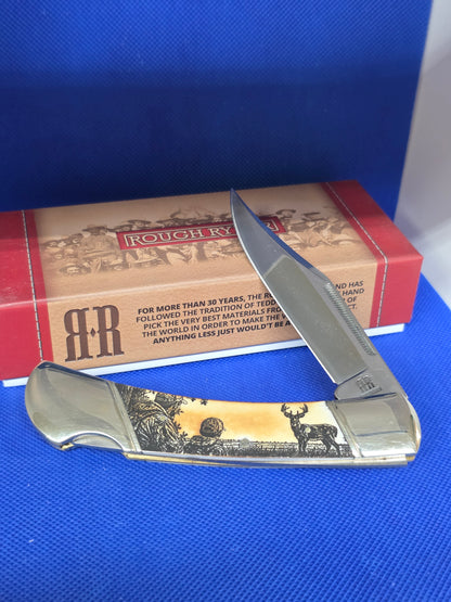 Rough Ryder 5" Lockback Natural Bone - Just Like Dad Deer Scene - RR067Deer