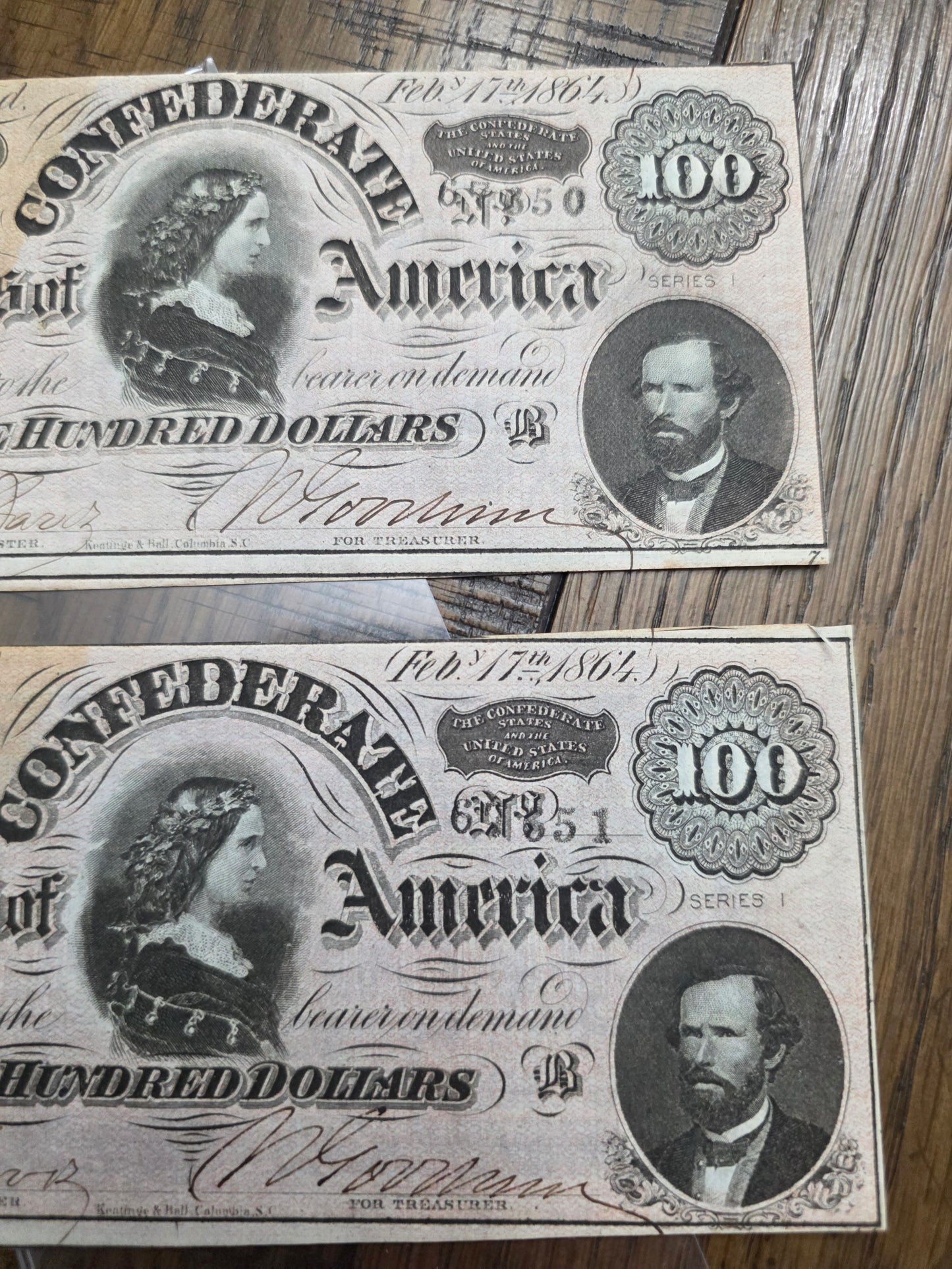 2 - 1864 $100 CSA Notes Confederate States of America Series 1 Consecutive Serial Number