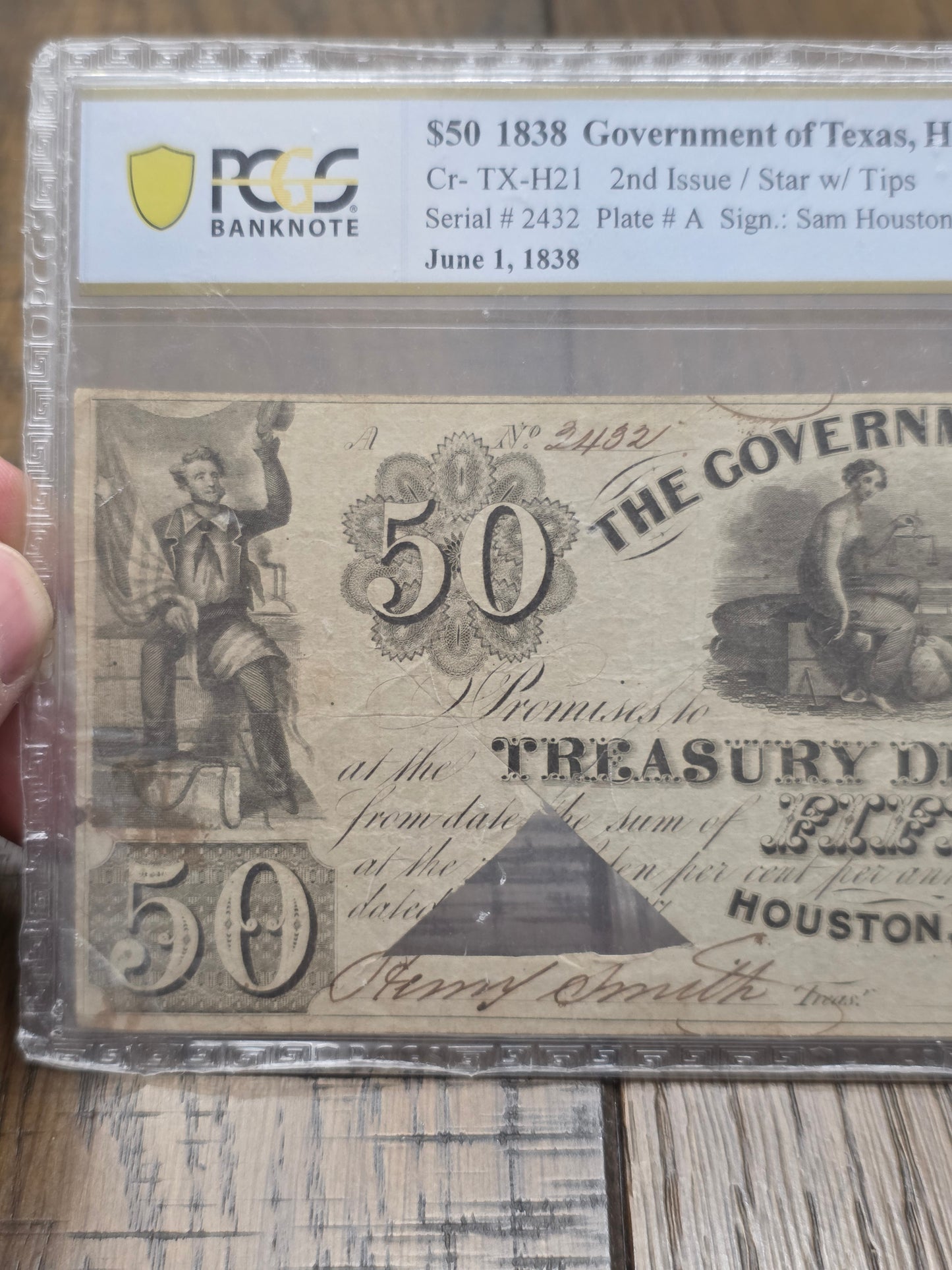1838 $50 Government of Texas, Houston - Treasury Note VF25 PCGS