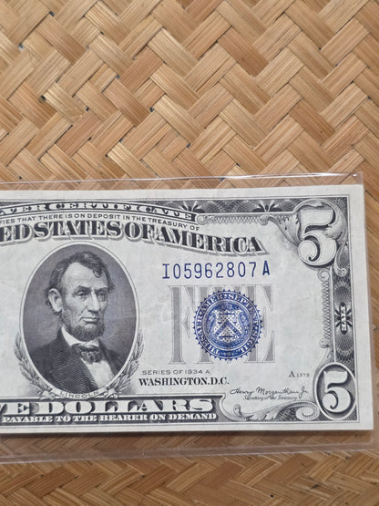 1934 Series A $5 Blue Seal Silver Certificate VF Condition