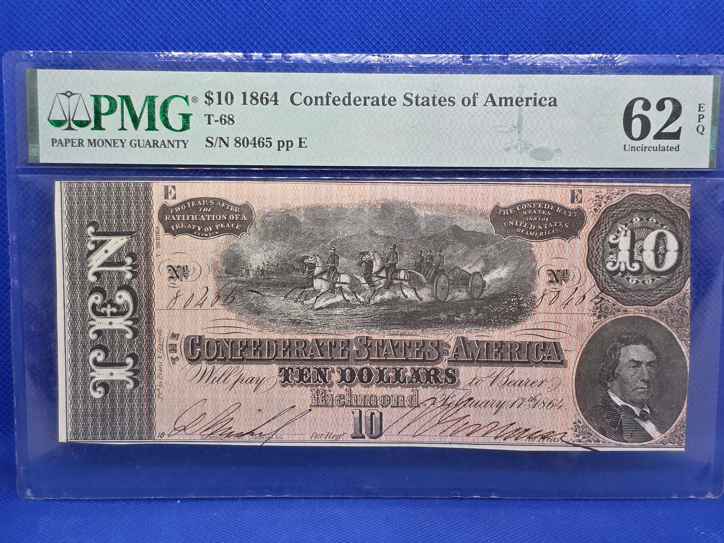 1864 $10 CSA Confederate Note 62 EPQ Uncirculated