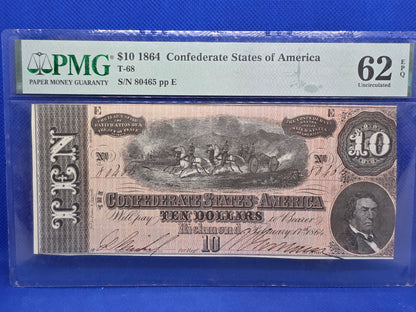 1864 $10 CSA Confederate Note 62 EPQ Uncirculated
