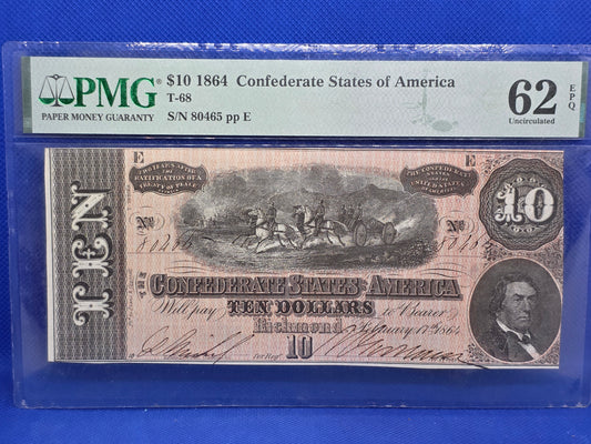 1864 $10 CSA Confederate Note 62 EPQ Uncirculated