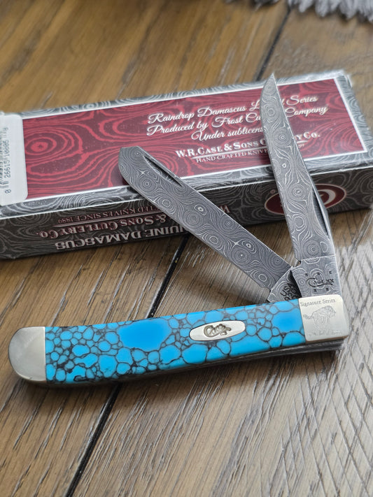 2015 Case XX Mini Trapper Turquoise Web Stone Handles Raindrop Damascus 9207TW/D