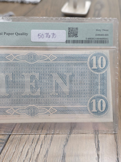1864 $10 Confederate States of America 63 Choice Uncirculated PMG EPQ T-68