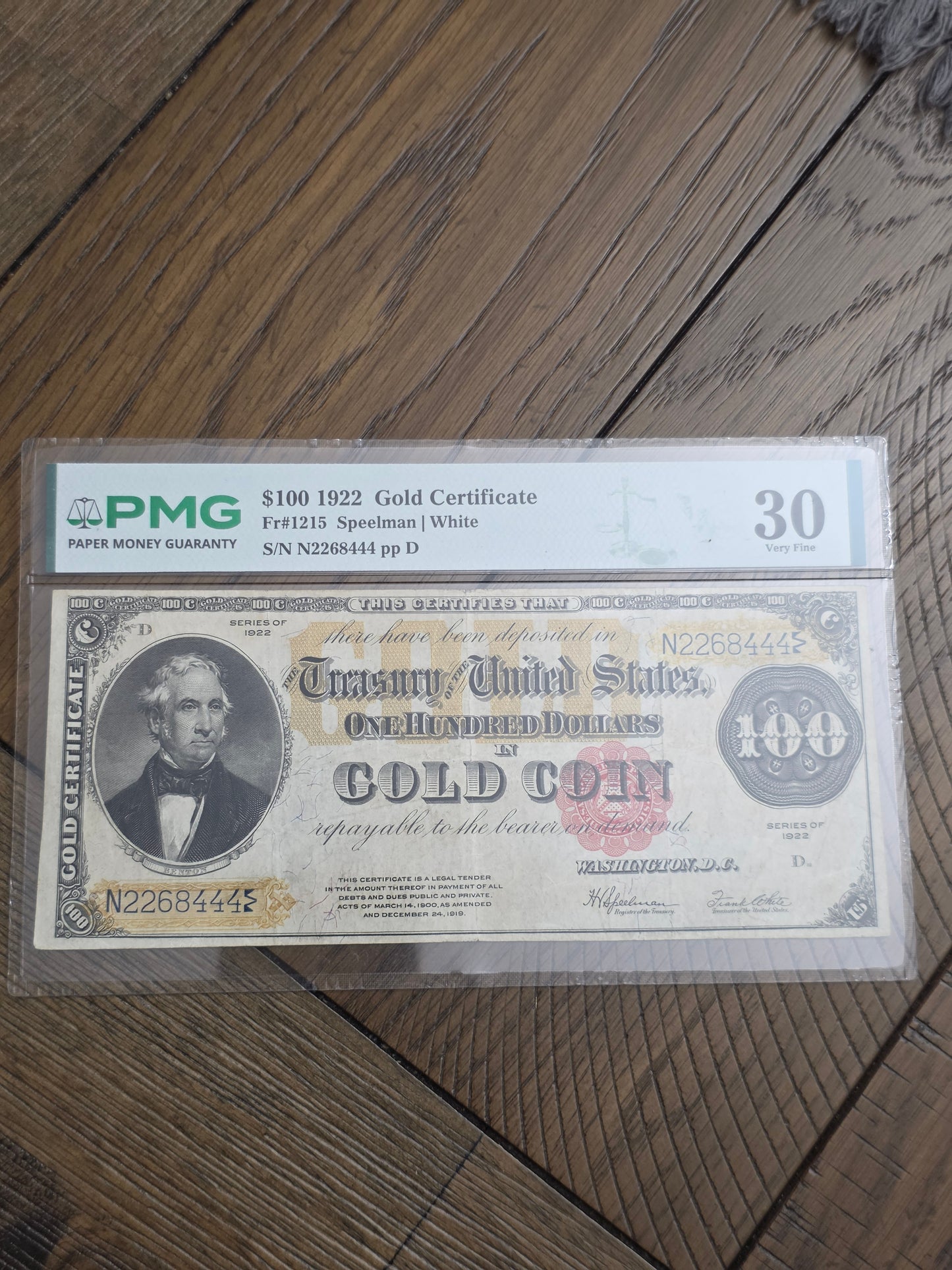 1922 Series $100 Gold Certificate VF30 PMG