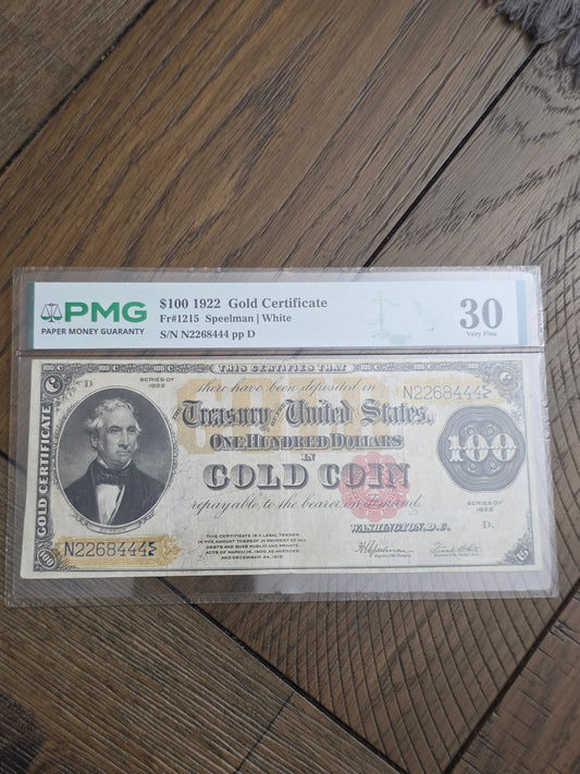 1922 Series $100 Gold Certificate VF30 PMG