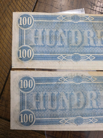 2 - 1864 $100 CSA Notes Confederate States of America Series 1 Consecutive Serial Number