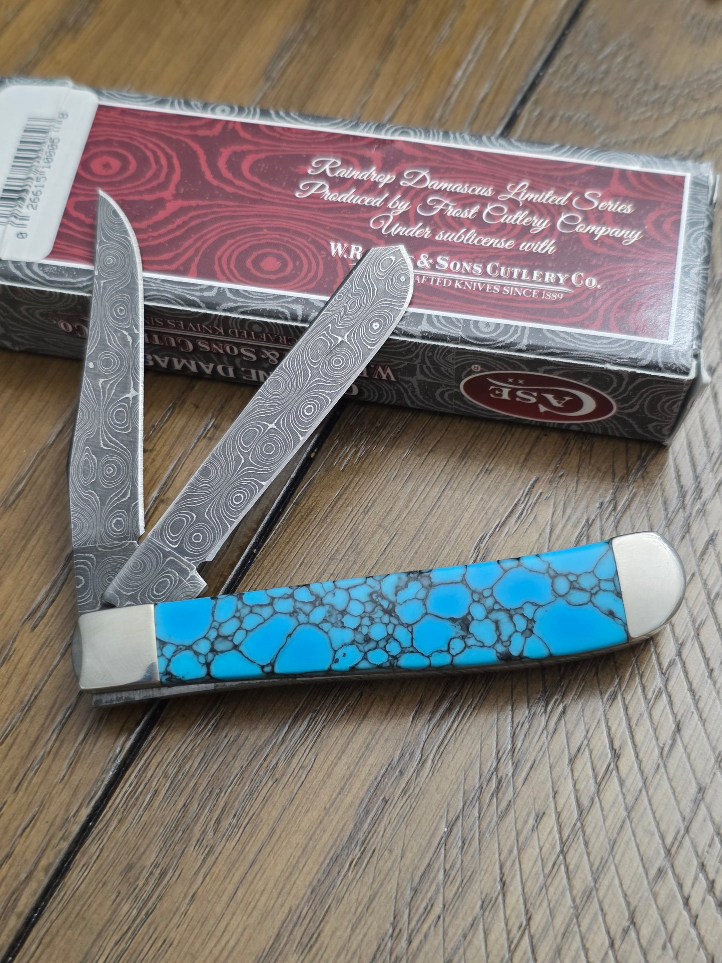 2015 Case XX Mini Trapper Turquoise Web Stone Handles Raindrop Damascus 9207TW/D