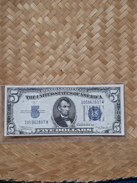 1934 Series A $5 Blue Seal Silver Certificate VF Condition