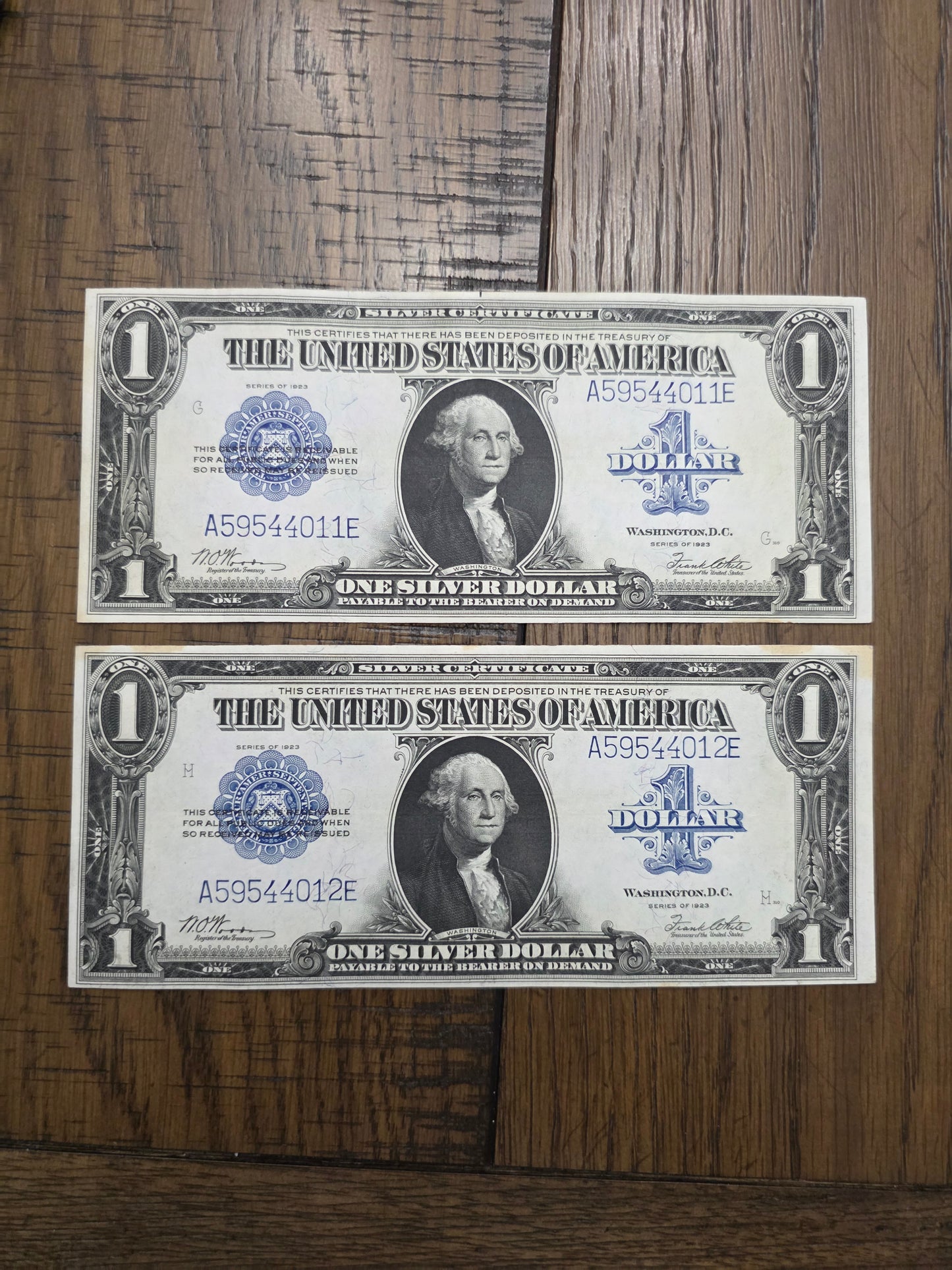 2 - 1923 Series $1 Blue Seal Silver Certificates LARGE Size Notes Consecutive Numbers AU Condition