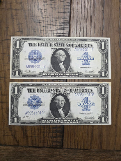 2 - 1923 Series $1 Blue Seal Silver Certificates LARGE Size Notes Consecutive Numbers AU Condition