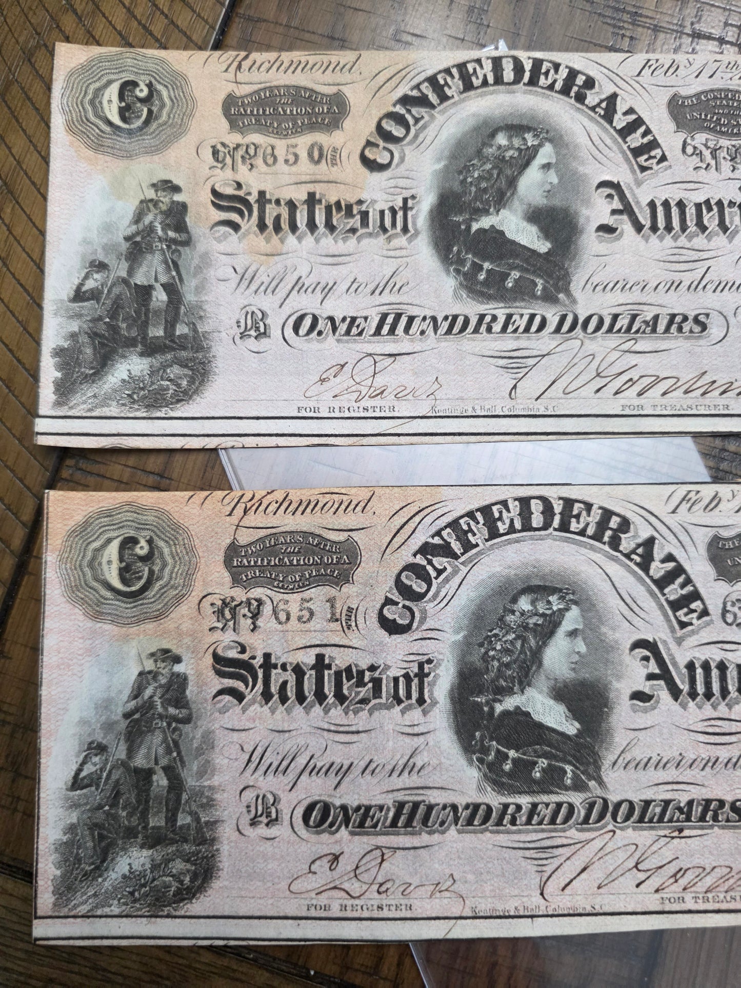 2 - 1864 $100 CSA Notes Confederate States of America Series 1 Consecutive Serial Number