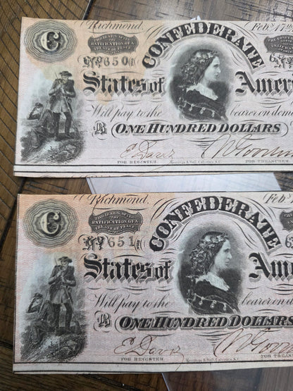 2 - 1864 $100 CSA Notes Confederate States of America Series 1 Consecutive Serial Number