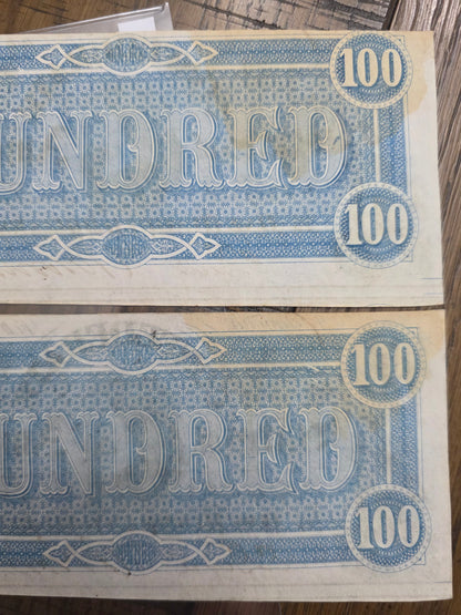 2 - 1864 $100 CSA Notes Confederate States of America Series 1 Consecutive Serial Number