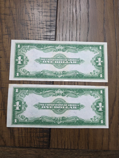 2 - 1923 Series $1 Blue Seal Silver Certificates LARGE Size Notes Consecutive Numbers AU Condition