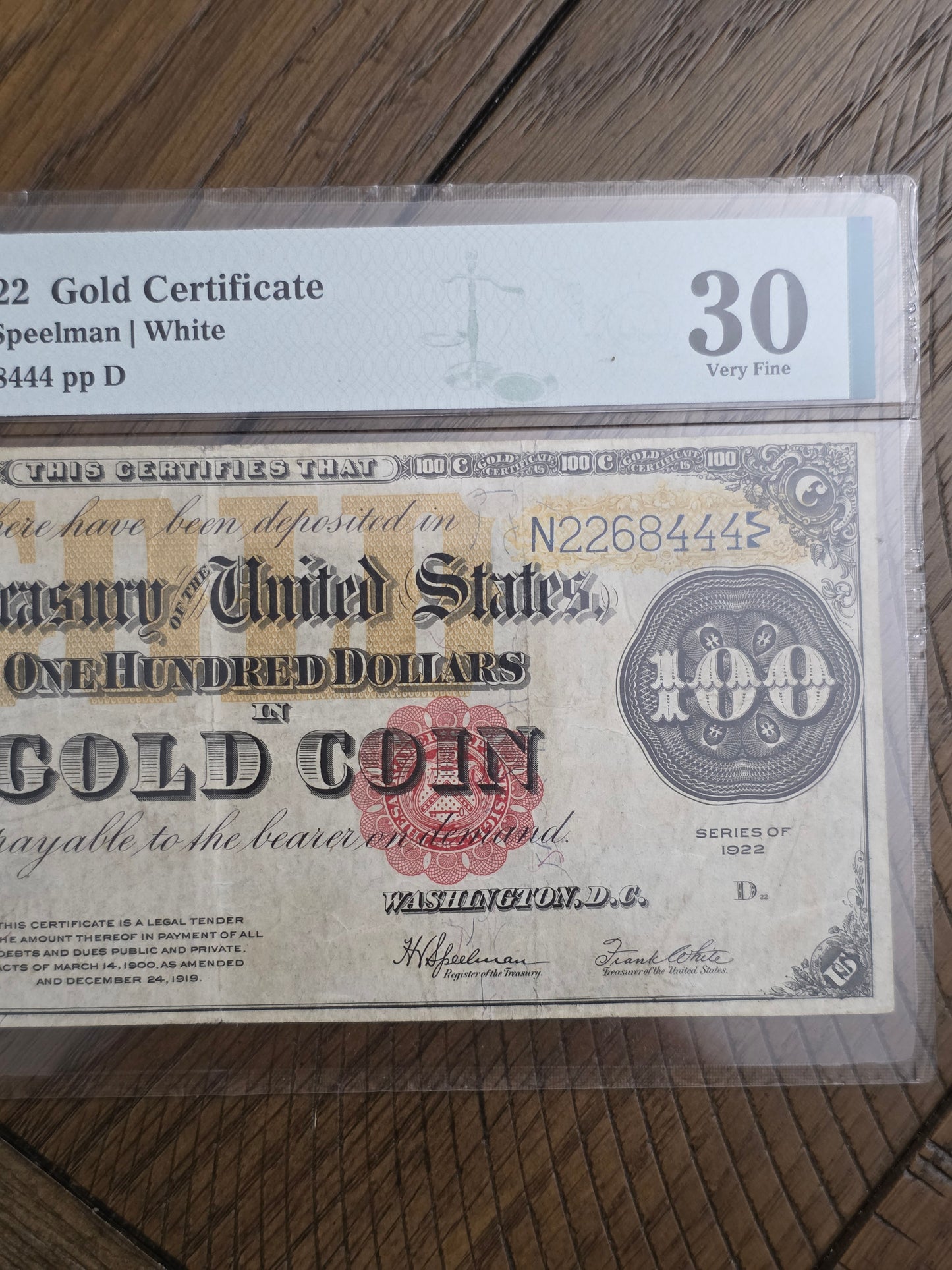 1922 Series $100 Gold Certificate VF30 PMG