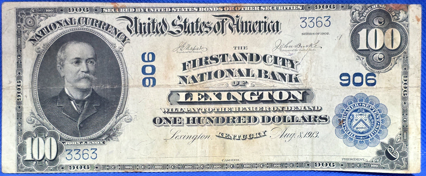 1902 Series $100 Lexington KY Bank Note First & City National Bank Large Size
