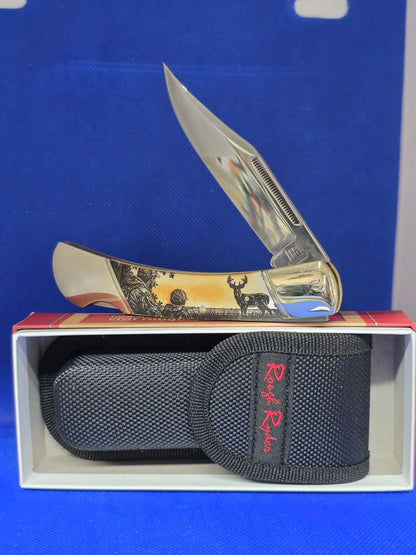 Rough Ryder 5" Lockback Natural Bone - Just Like Dad Deer Scene - RR067Deer