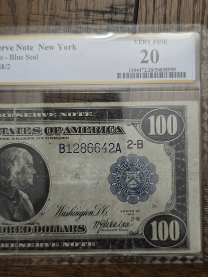 1914 $100 Federal Reserve Note New York VF 20 PCGS Grade