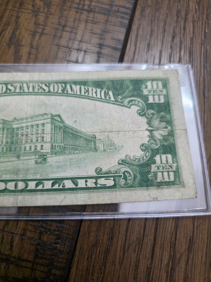 1928 B series $10 FRN Redeemable in Gold Light Green Ink VG