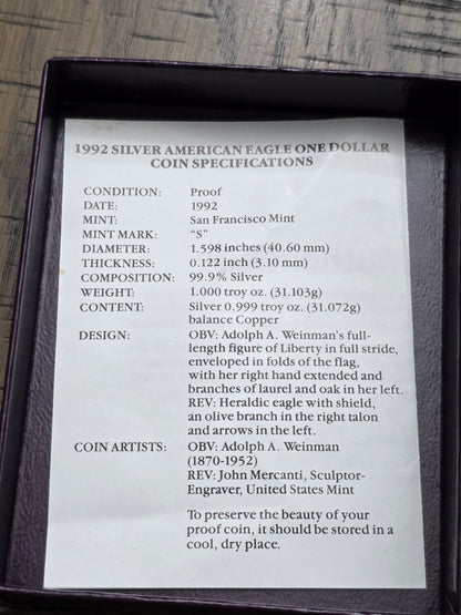 1992 SAE Proof Silver American Eagle $1 New in box