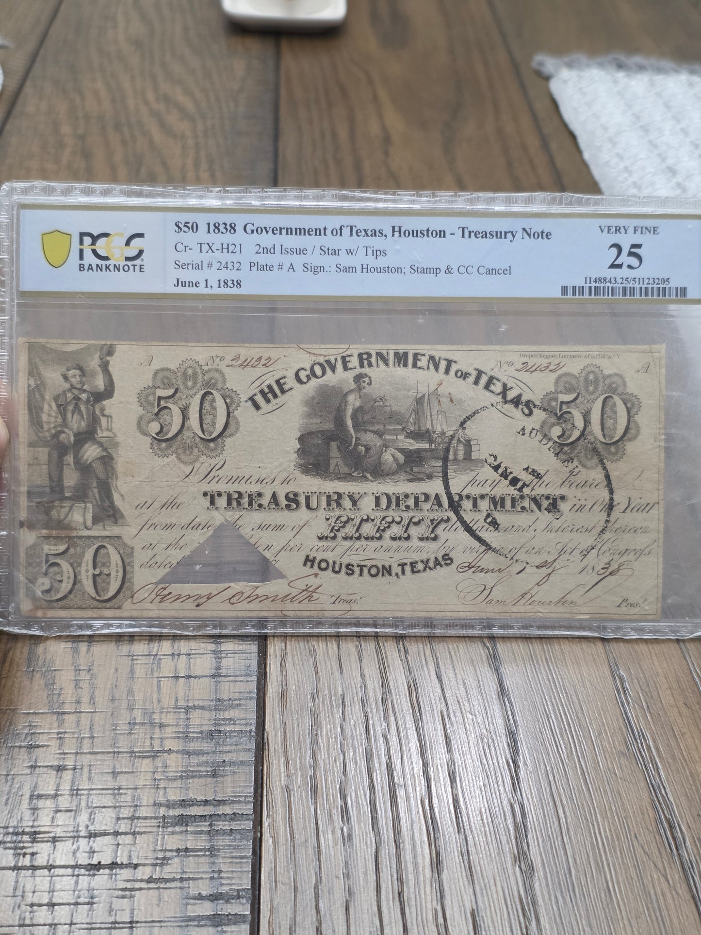 1838 $50 Government of Texas, Houston - Treasury Note VF25 PCGS