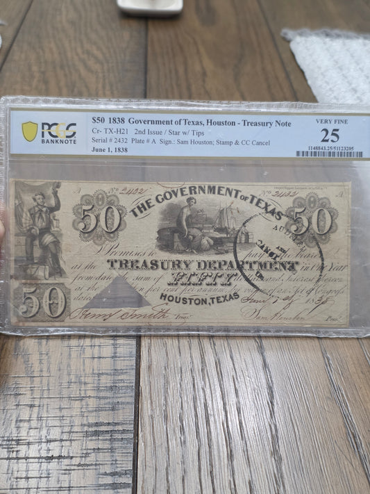 1838 $50 Government of Texas, Houston - Treasury Note VF25 PCGS