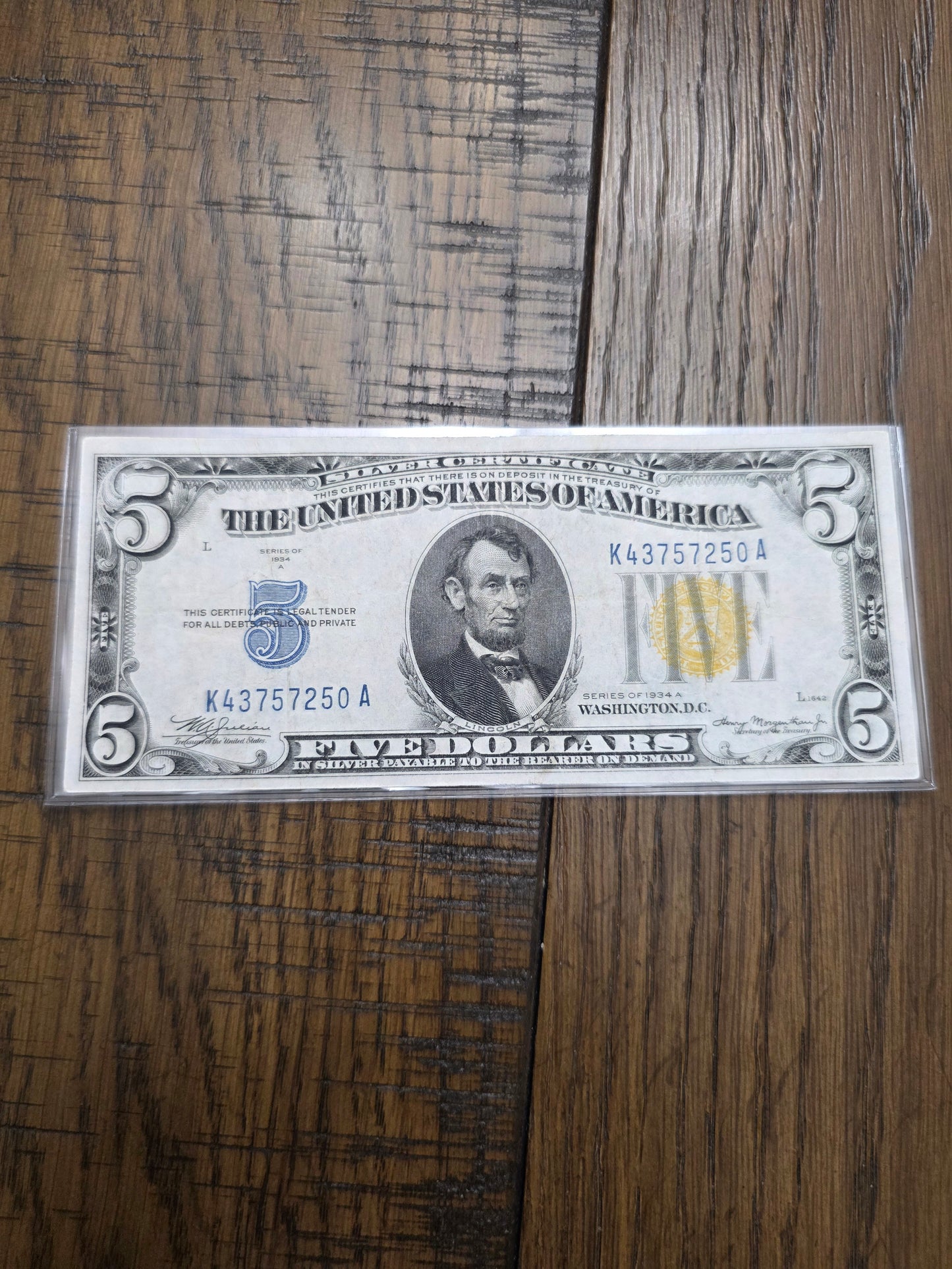 1934 Series A $5 Yellow Seal Silver Certificate Emergency issued
