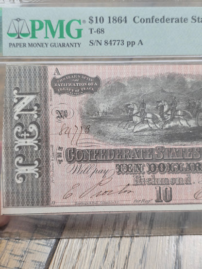 1864 $10 Confederate States of America 63 Choice Uncirculated PMG EPQ T-68