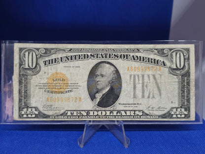 1928 Series $10 Gold Certificate Yellow Seal Good Condition