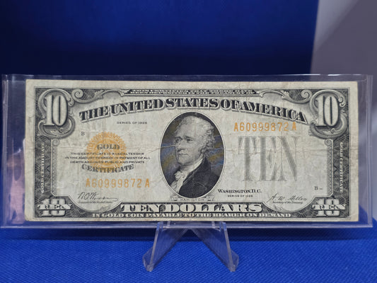 1928 Series $10 Gold Certificate Yellow Seal Good Condition
