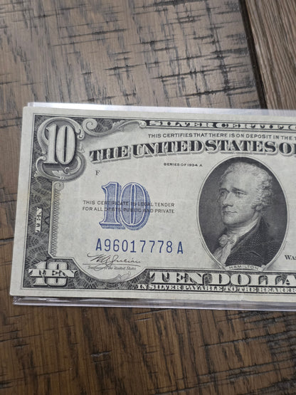1934 Series A $10 Yellow Seal Silver Certificate in AU Condition US-Note