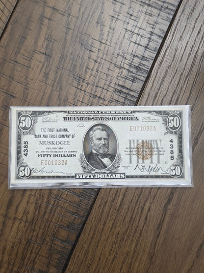 1929 $50 The First National Bank and Trust Company of Muskogee Okalahoma Bank Note