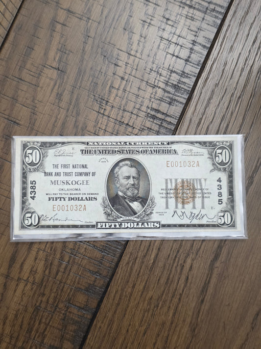 1929 $50 The First National Bank and Trust Company of Muskogee Okalahoma Bank Note