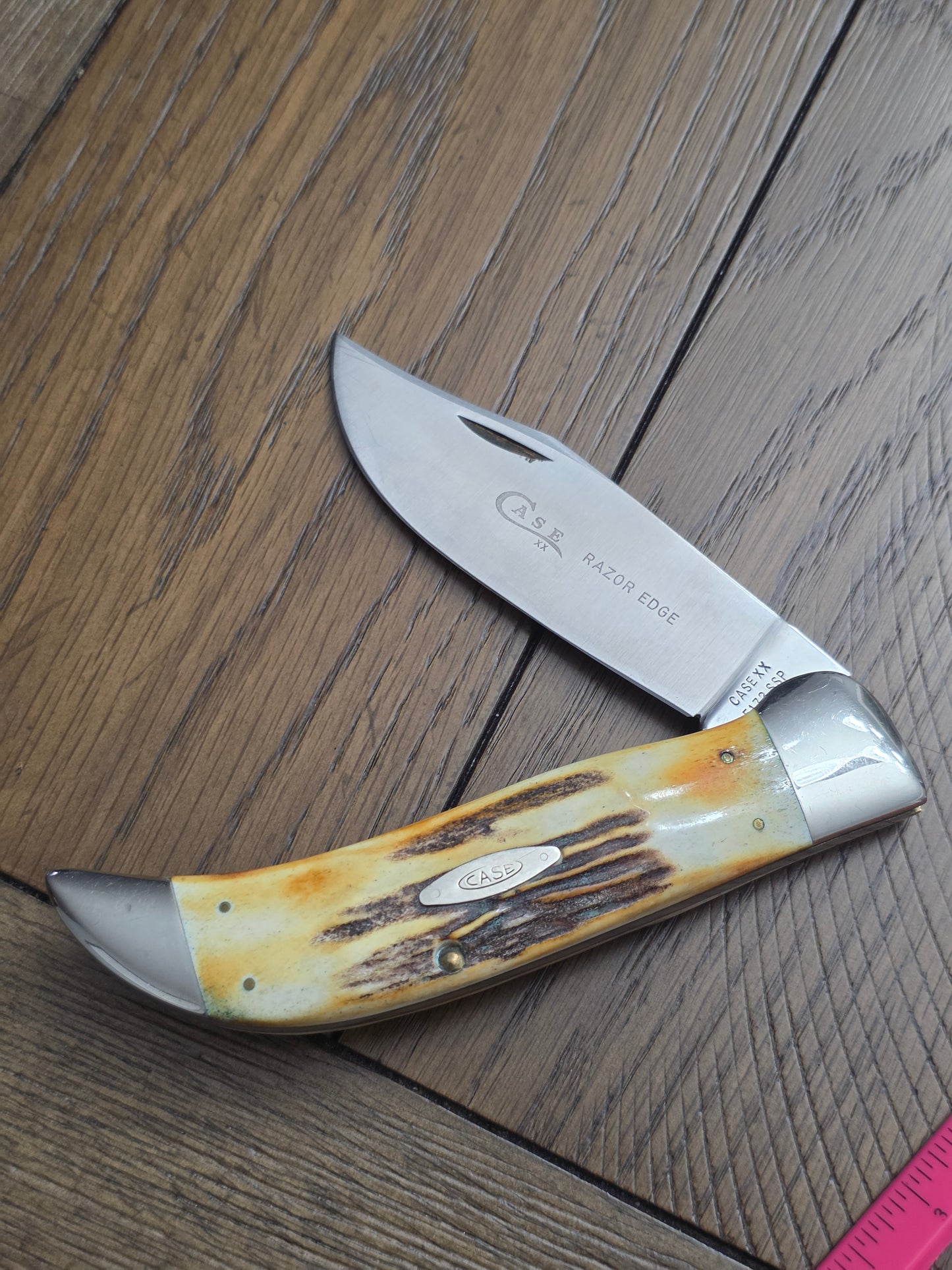 1976 Case XX 5172SSP Razor Edge Gray Etch Clasp Knife with Stag Handles