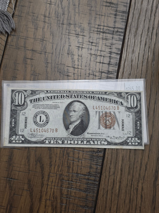 1934A $10 Hawaii FRN Emergency Note - AU Condition