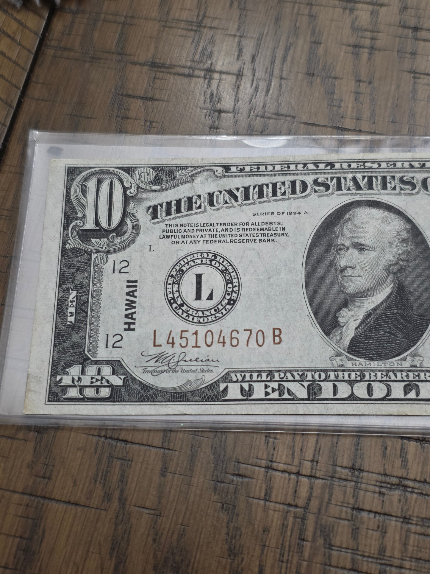 1934A $10 Hawaii FRN Emergency Note - AU Condition