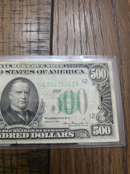 1934 Series $500 FRN McKinley Note Good Condition