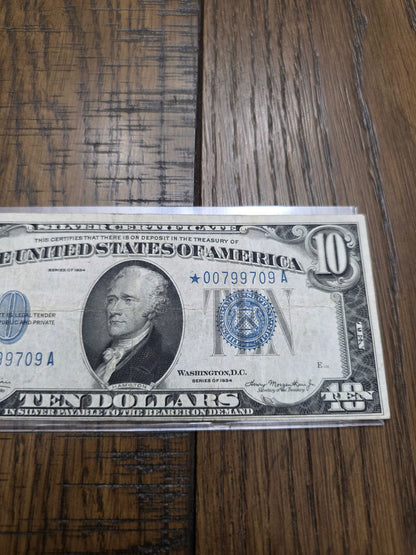 1934 $10 Blue Seal Silver Certificate Star Note Good Serial Number VG
