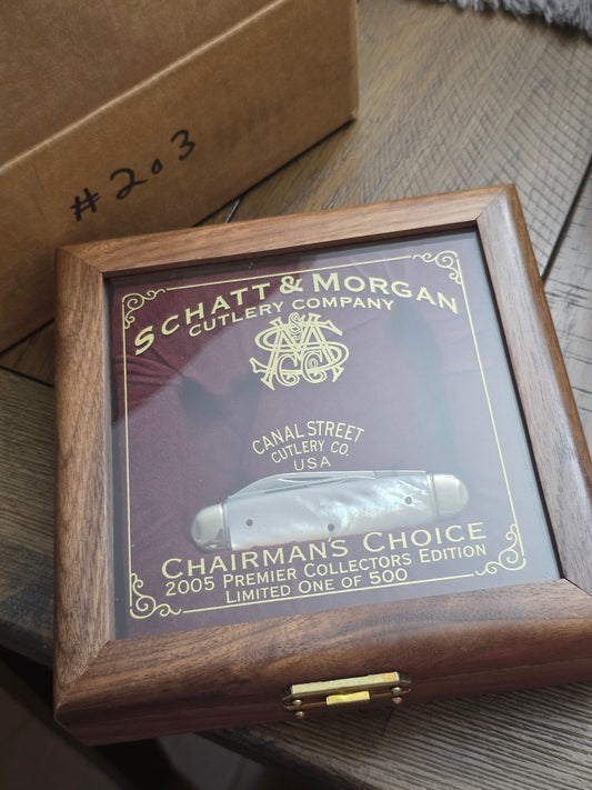 2005 Schatt & Morgan Canal Street Cattle Knife MOP Presidents Choice Mother of Pearl & Display