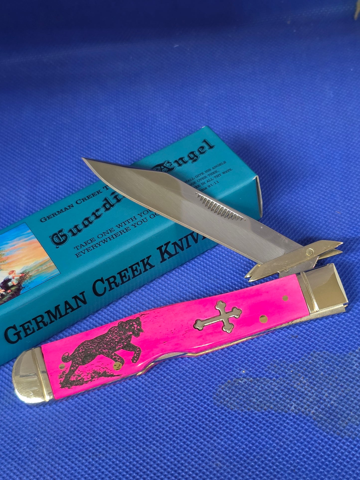 Guardian Angel Lock Back Cheetah Knife Pink Bone Handles 1 of 100 Cheetah Etch 4 3/8" EM2567052PKBN- CTH
