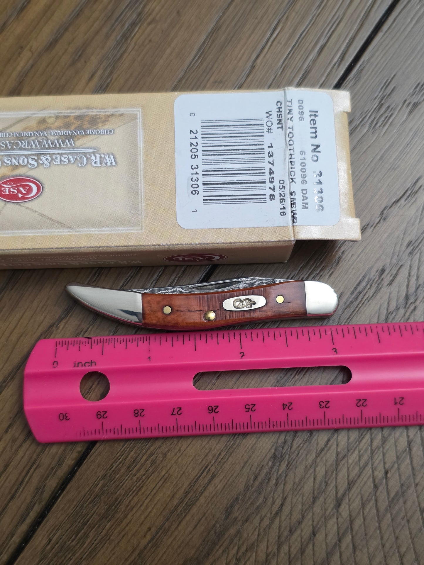 2016 Case XX Tiny Toothpick Sawcut Chestnut Bone Damascus Steel 31306
