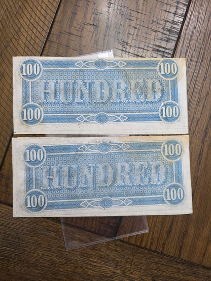 2 - 1864 $100 CSA Notes Confederate States of America Series 1 Consecutive Serial Number