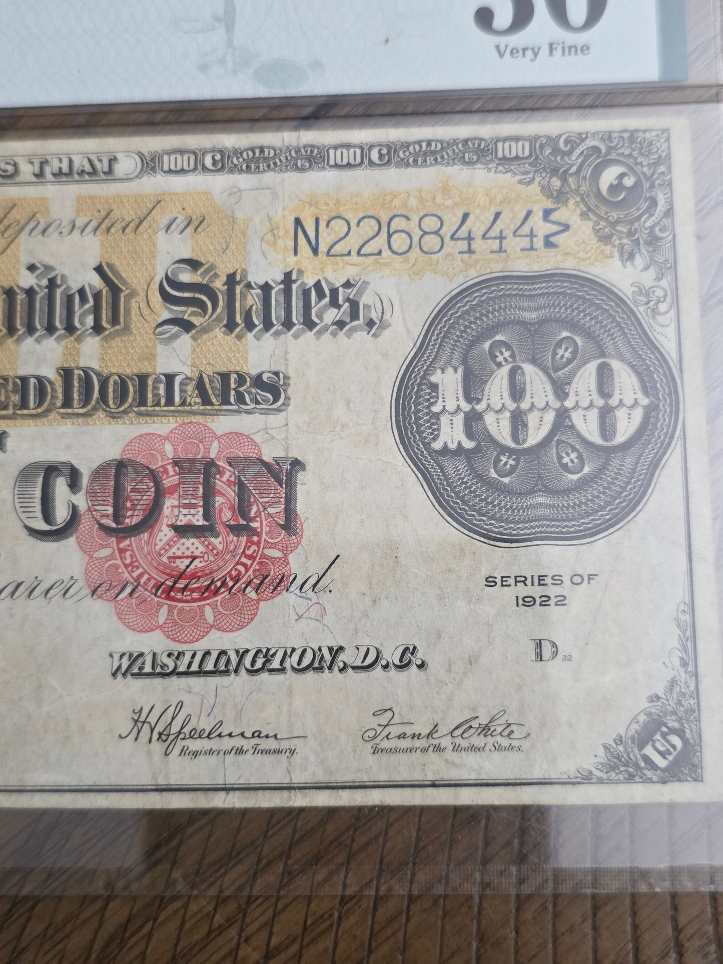 1922 Series $100 Gold Certificate VF30 PMG