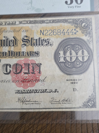 1922 Series $100 Gold Certificate VF30 PMG