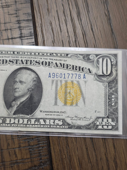 1934 Series A $10 Yellow Seal Silver Certificate in AU Condition US-Note