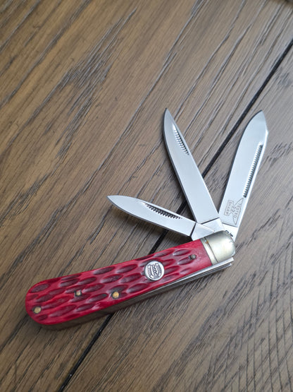 Rough Rider 3 Blade Mini Trapper Red Jig Bone 1st Gen Horseshoe Shield RR430